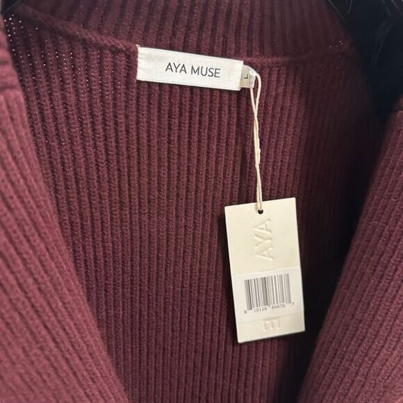 NWT Aya Muse Wool Ribbed Trench Coat Cardigan Longline Sweater Burgundy Large - Picture 3 of 8
